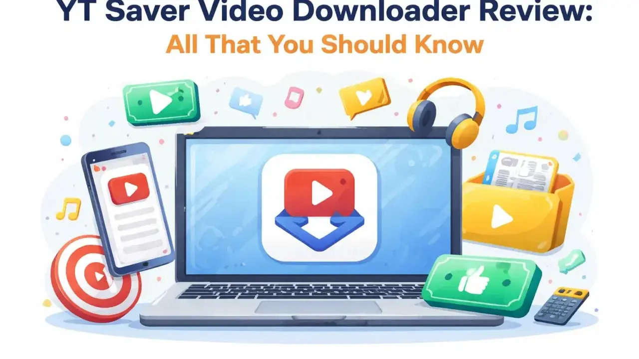 Un laptop mostra un'icona di download video, con un telefono, cuffie e una cartella di file. Un'illustrazione che promuove un yt downloader.