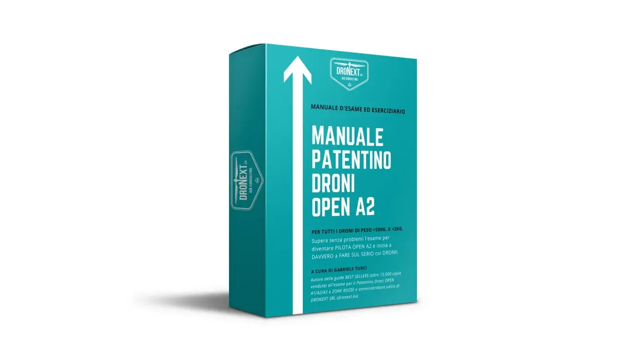 Manuale per il patentino droni Open A2, con esercizi per superare l'esame e diventare pilota.