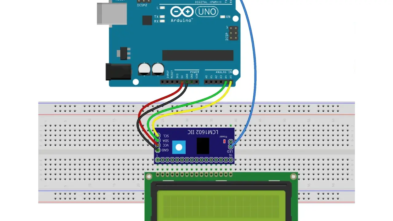 Arduino Uno collegato a un display LCD 16x2 tramite breadboard. Un modulo IIC LCM1602 facilita la connessione.