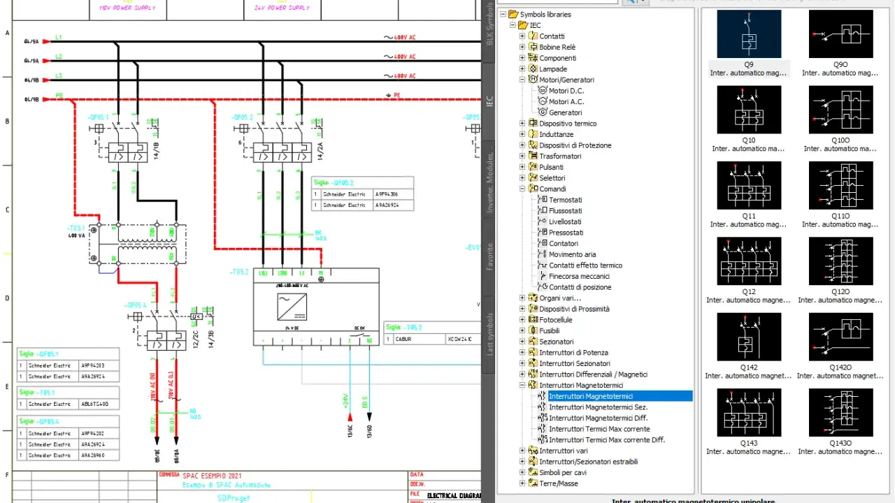 Schema elettrico con simboli IEC. Il vcc significato è "Interruttore magnetotermico unipolare", un componente di protezione.
