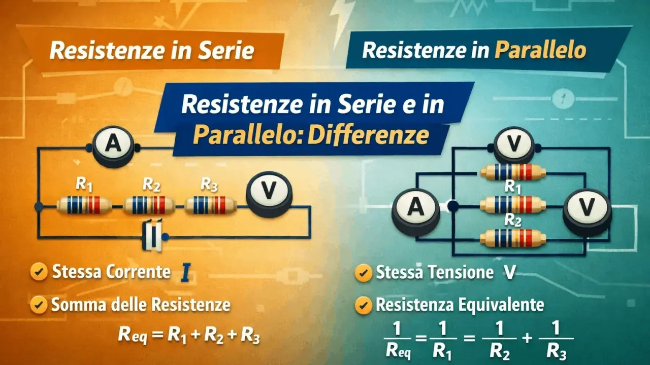Schema elettrico che illustra le differenze tra resistenze in serie e in parallelo. La parte sinistra mostra un collegamento in serie con tre resistori e la formula per la resistenza equivalente.