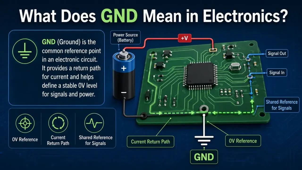Schema elettrico che illustra il GND (massa) come punto di riferimento comune, sia positivo che negativo, per il ritorno della corrente e la stabilità dei segnali.