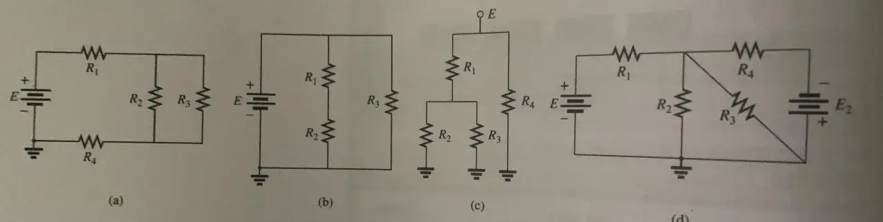 Quattro schemi elettrici con resistori e generatori. Nel circuito (a) la corrente si divide in parallelo tra R1, R2 e R3.