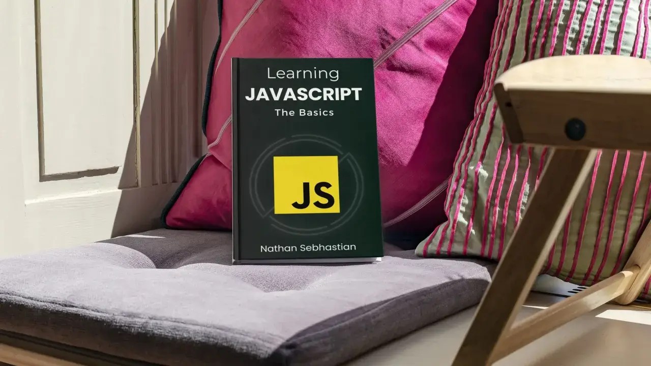 Libro "Learning JAVASCRIPT: The Basics" su un cuscino, con cuscini colorati e una sedia in legno sullo sfondo. Ideale per chi inizia la programmazione JavaScript.