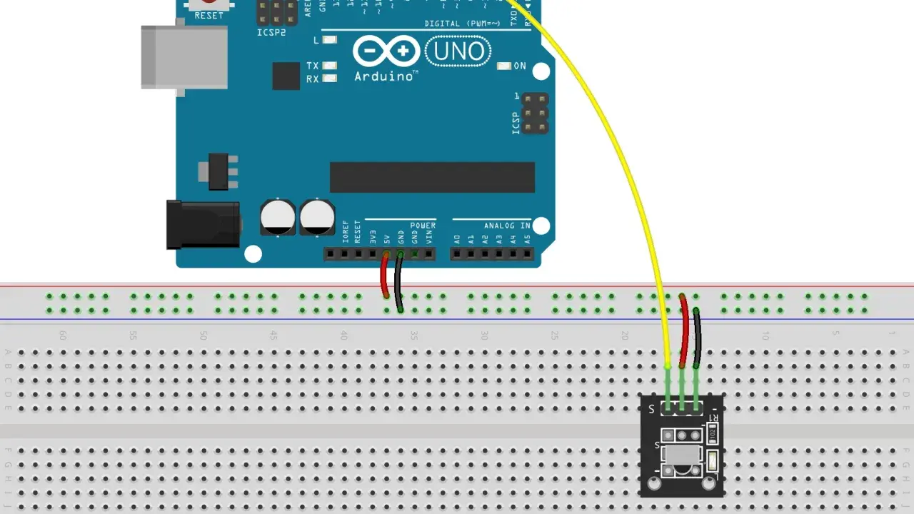 Arduino Uno collegato a un sensore IR su breadboard. Il sensore rileva segnali infrarossi.