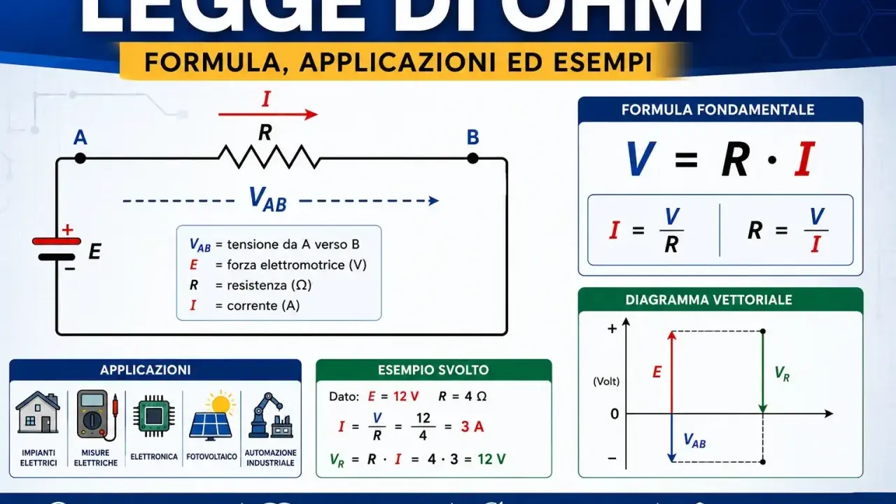 Schema elettrico che illustra la legge di Ohm, con formule, applicazioni e un esempio pratico.