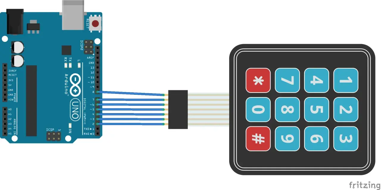 Arduino UNO collegato a un keypad numerico tramite cavi.