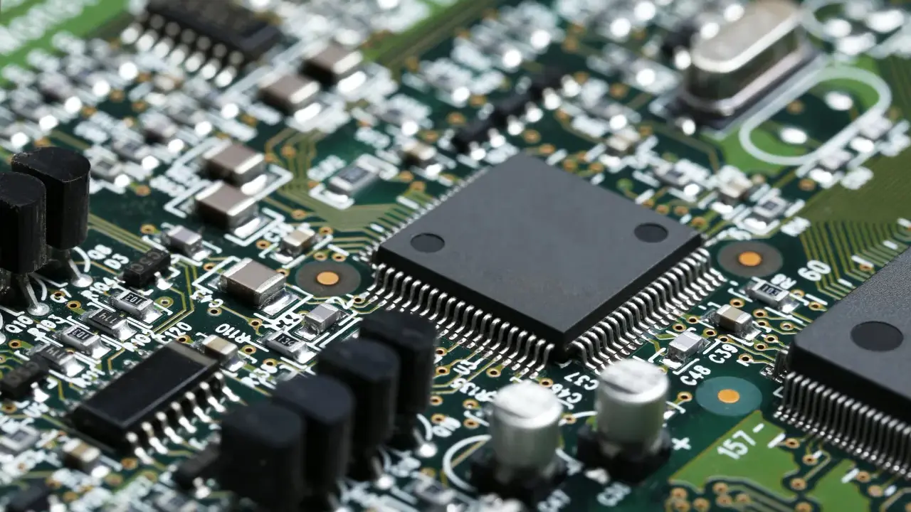Primo piano di una scheda elettronica verde con numerosi componenti, tra cui un grande chip nero al centro, condensatori e resistori. Un'immagine dettagliata per il test componenti elettronici.