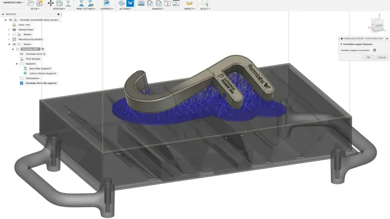 Modello 3D di un gancio con supporti reticolari, pronto per la stampa 3D. Interfaccia di Fusion 360 per la configurazione di esportazione Formlabs.