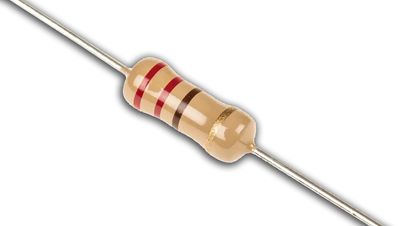Resistenze elettronica con bande colorate (marrone, rosso, marrone, oro) su corpo beige.