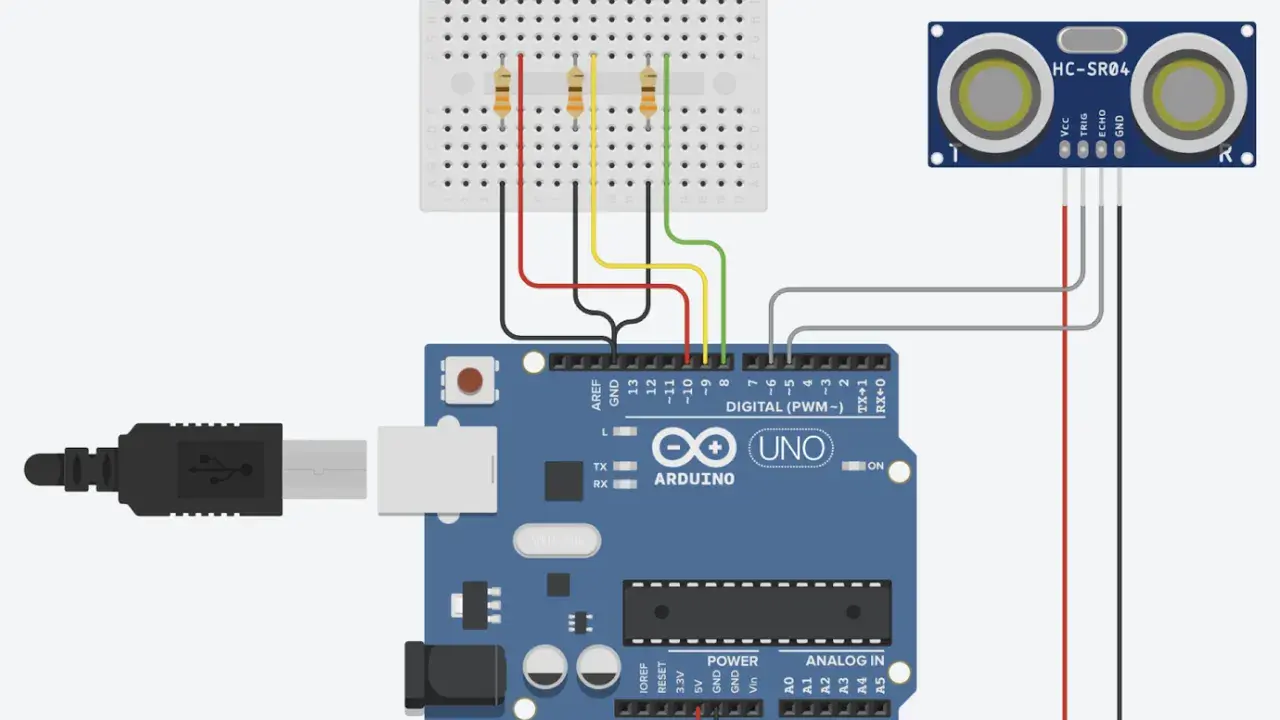 Schema di un **arduino project** con sensore a ultrasuoni HC-SR04, breadboard, LED e resistori collegati a un Arduino Uno.