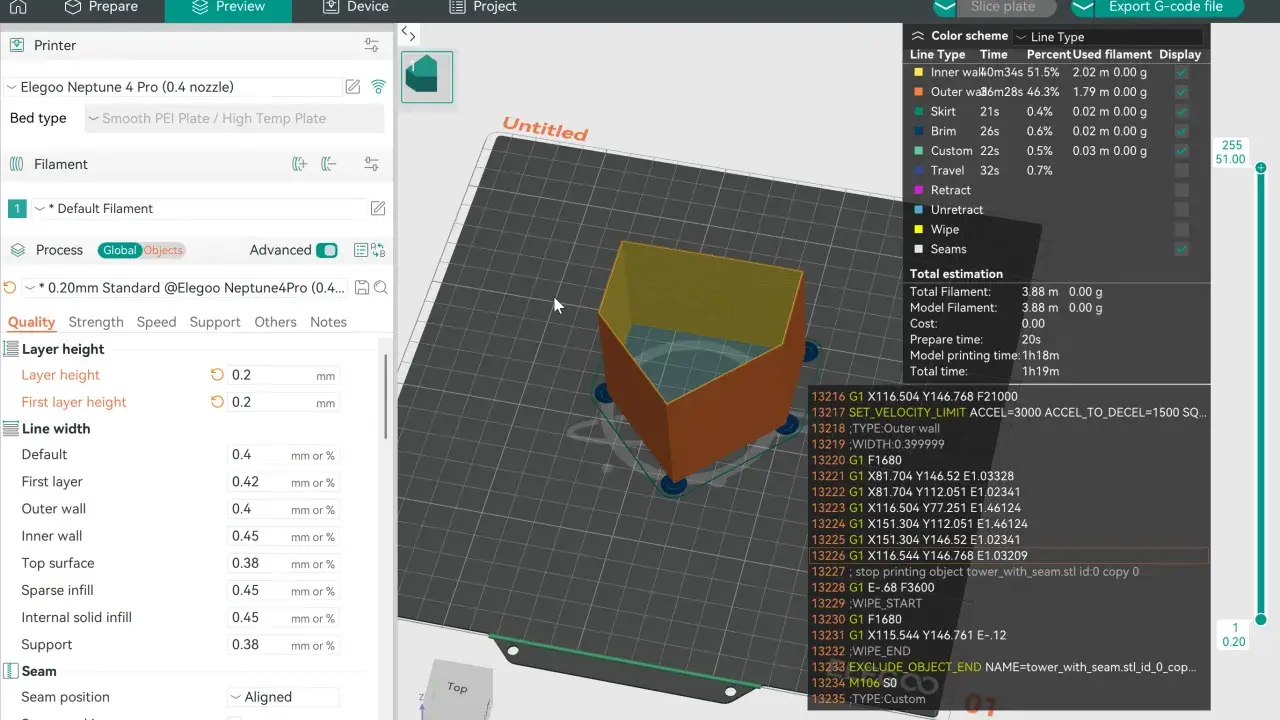 Interfaccia di slicing con modello 3D, impostazioni di stampa e codice G. Confronto tra Klipper e Marlin per ottimizzare la stampa.