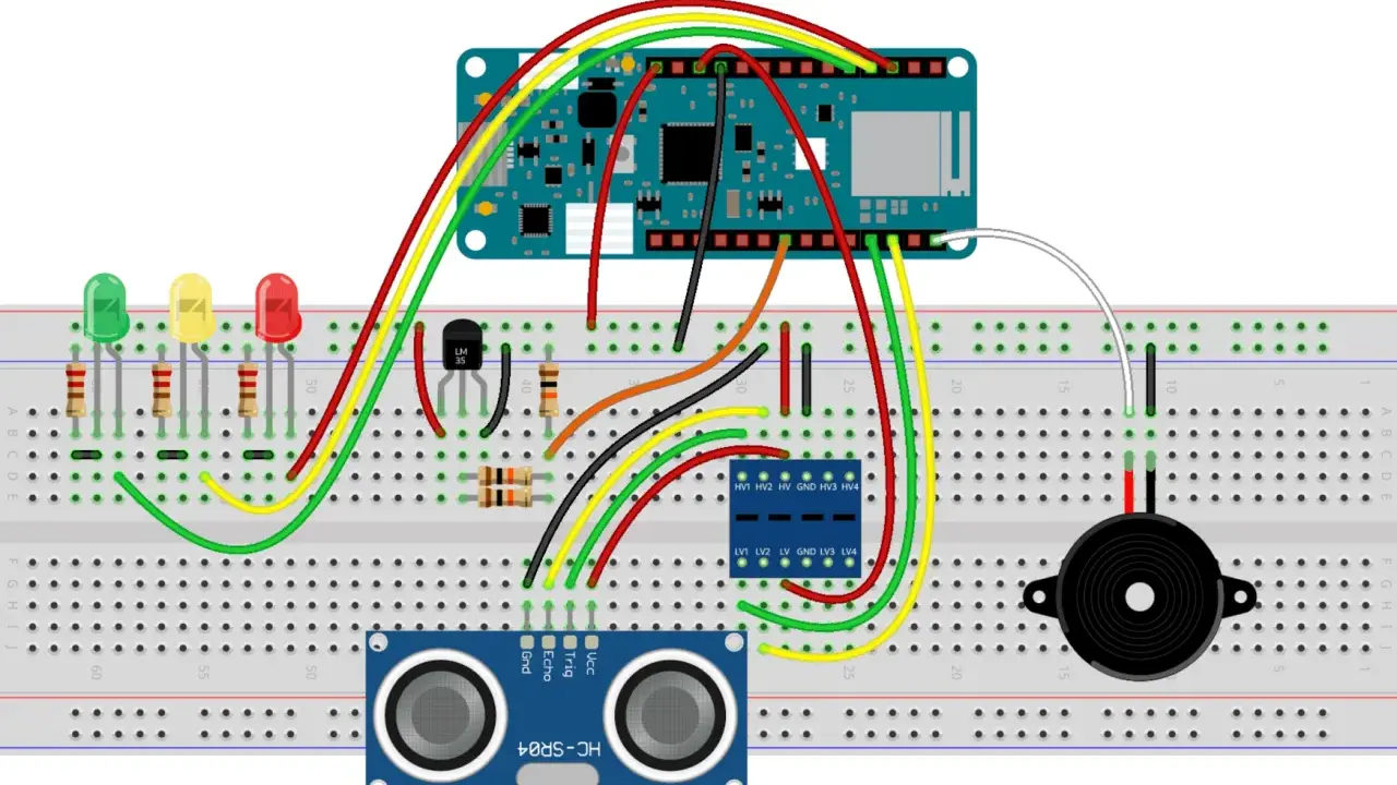 Schema di prototipazione per progetti Arduino per auto: sensore ultrasuoni, LED, buzzer e transistor su breadboard.