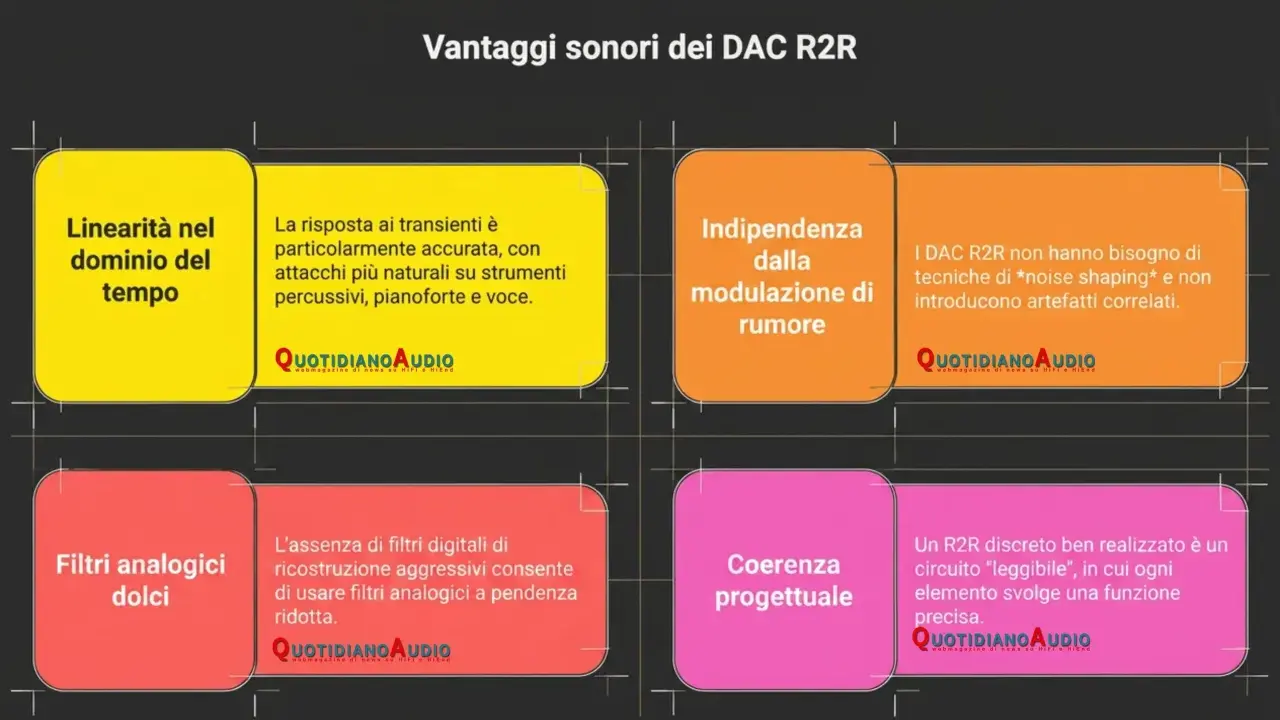 Vantaggi dei DAC R2R: linearità temporale, risposta ai transienti accurata, indipendenza dal rumore, assenza di filtri digitali aggressivi e coerenza progettuale grazie ai resistori pesati.