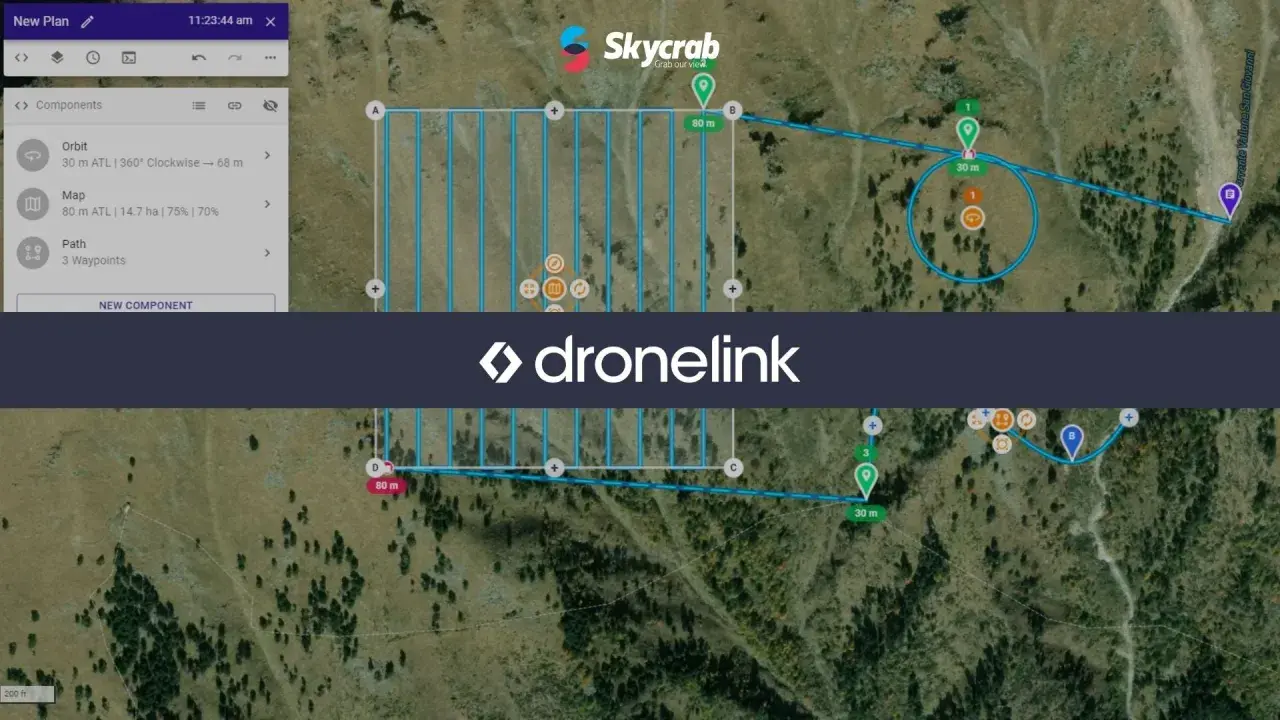Schermata di una dji fly map con un percorso pianificato per un drone, con waypoint e altitudini.