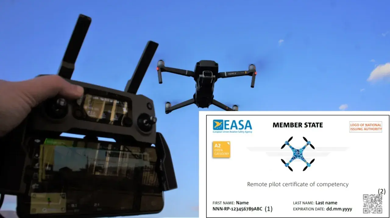 Drone in volo controllato da remoto, con certificato A2 Open Category EASA.
