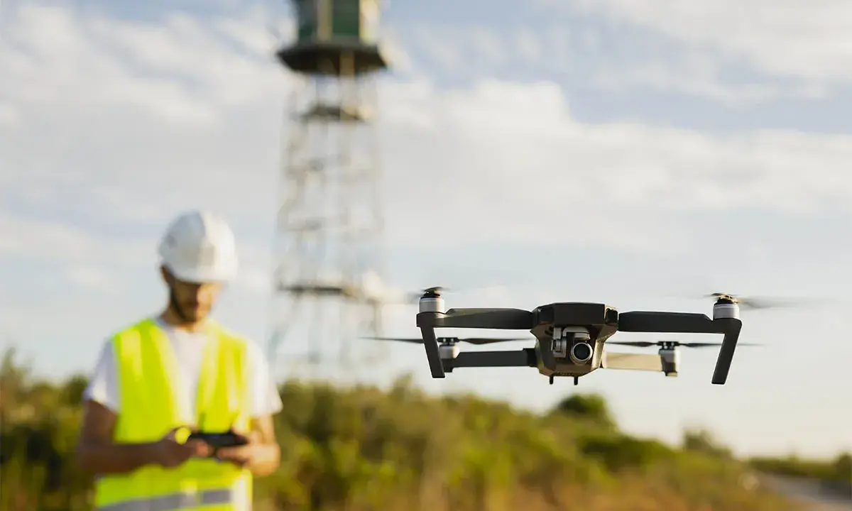 Uomo con elmetto e giubbotto alta visibilità controlla drone in volo. Potrebbe essere un corso per ottenere il patentino drone gratis Lussemburgo.