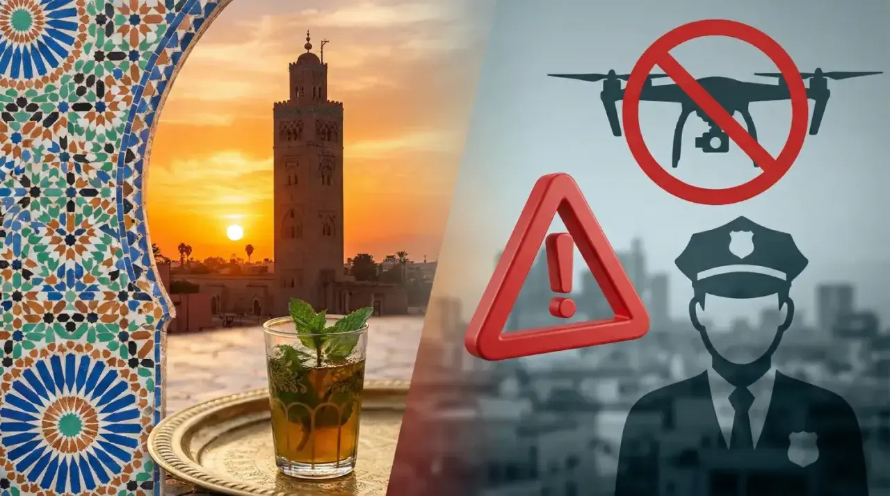 Splendido tramonto in Marocco con tè alla menta, ma attenzione: il **drone Marocco** è vietato, segnalato da un poliziotto.