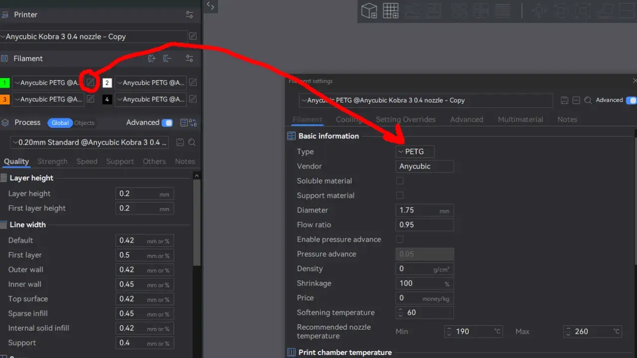 Impostazioni filamento PETG in Anycubic Slicer: tipo, fornitore e diametro.