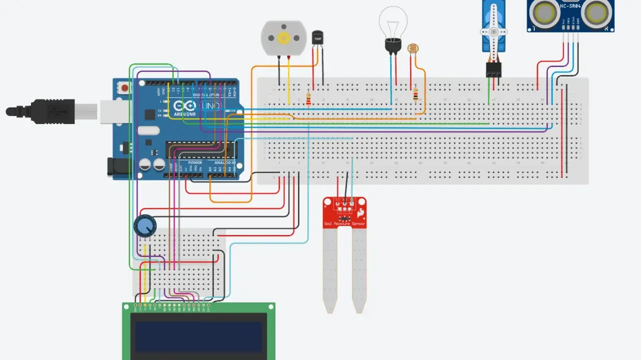 Schema di una serra domotica con Arduino, sensori di umidità, temperatura, ultrasuoni, servomotore e display LCD.
