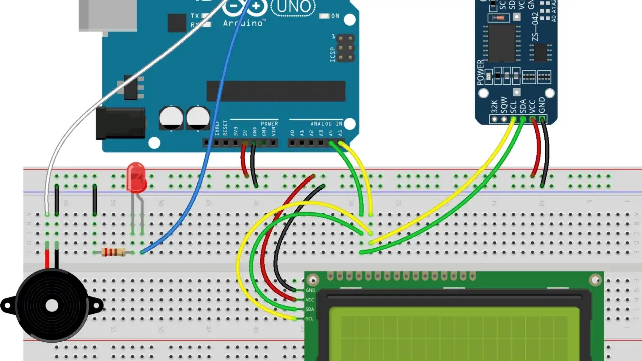 Arduino Uno con modulo ds3231, display LCD, LED e buzzer su breadboard.