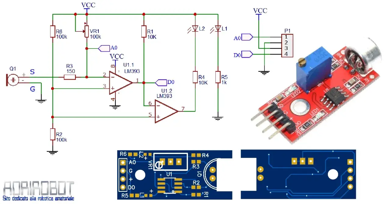 Schema con LM393 e modulo sensore sonoro per Arduino. Il circuito usa comparatori per rilevare suoni.