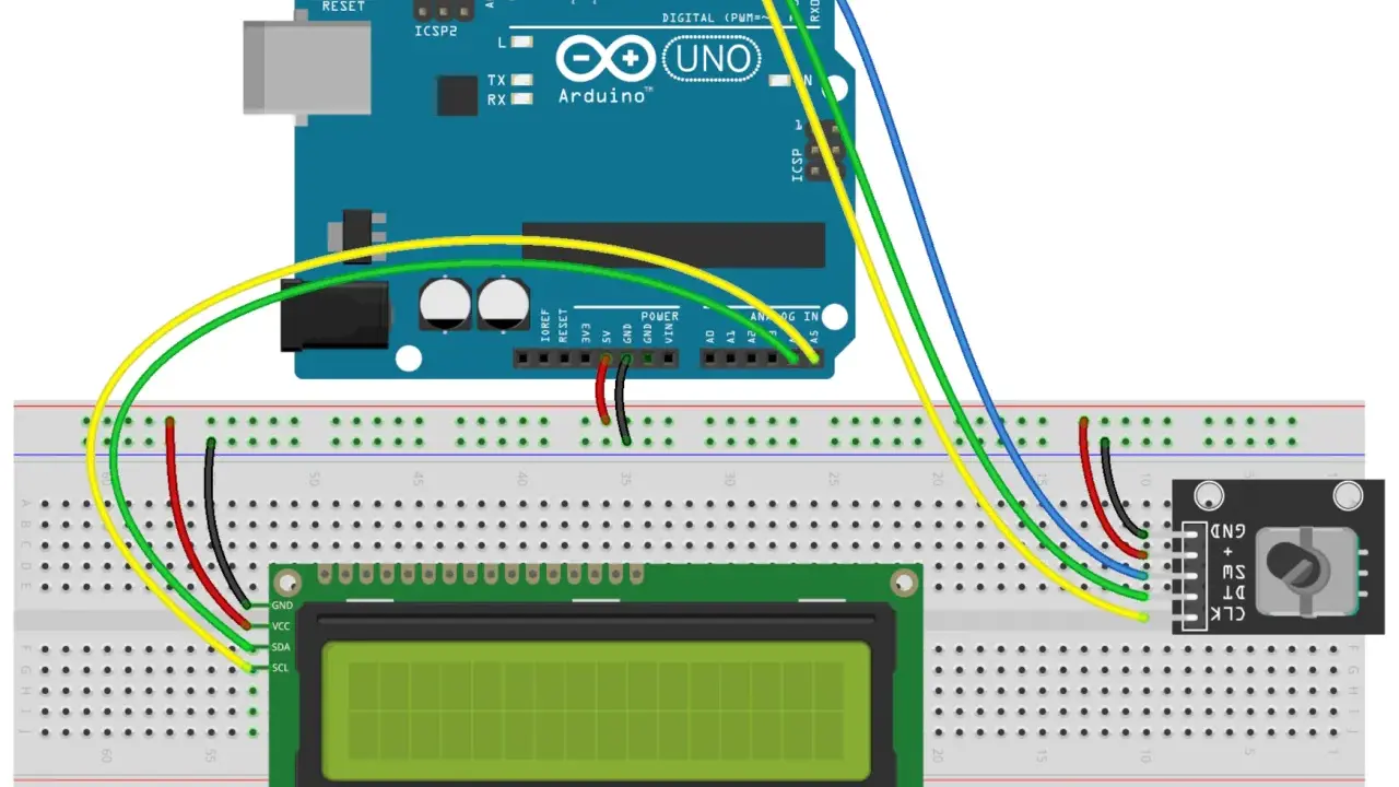 Arduino Uno collegato a un display LCD e a un encoder rotativo su breadboard.