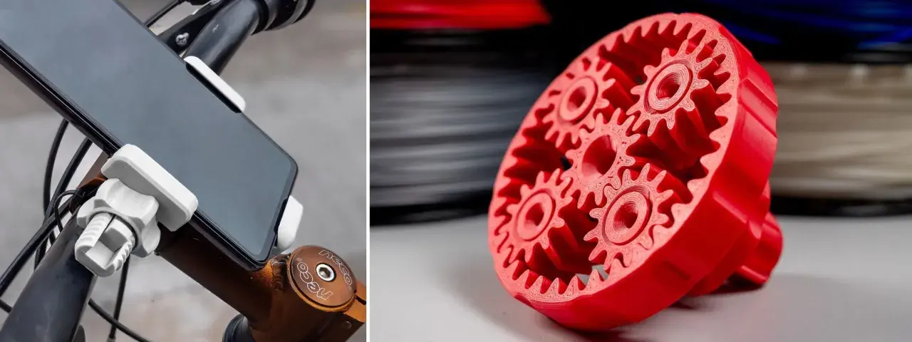 Supporto per smartphone da bicicletta stampato in ASA e un complesso ingranaggio planetario rosso, anch'esso stampato in 3D.