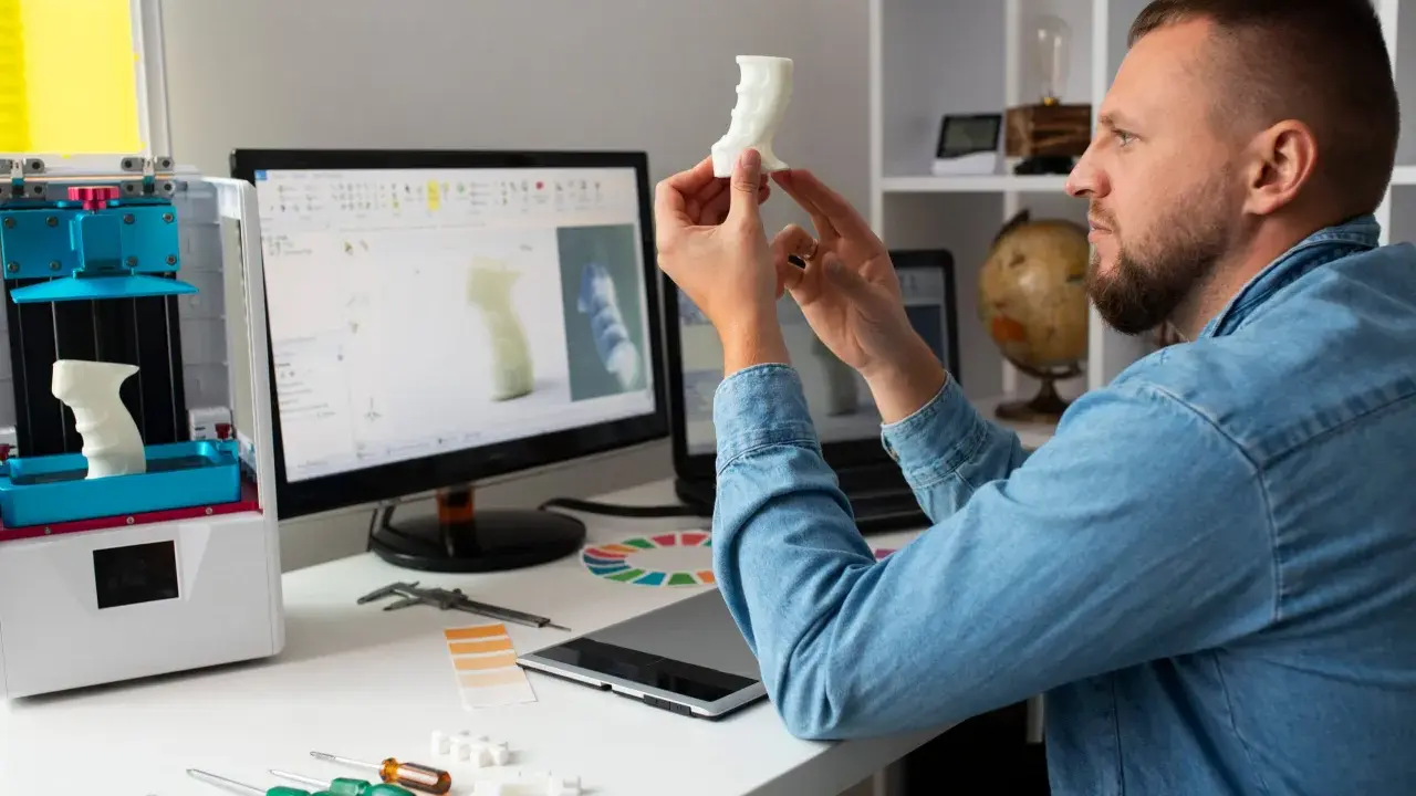 Uomo osserva un oggetto stampato in 3D, con un computer che mostra un modello 3D e una stampante 3D. Verifica i requisiti per Fusion 360.