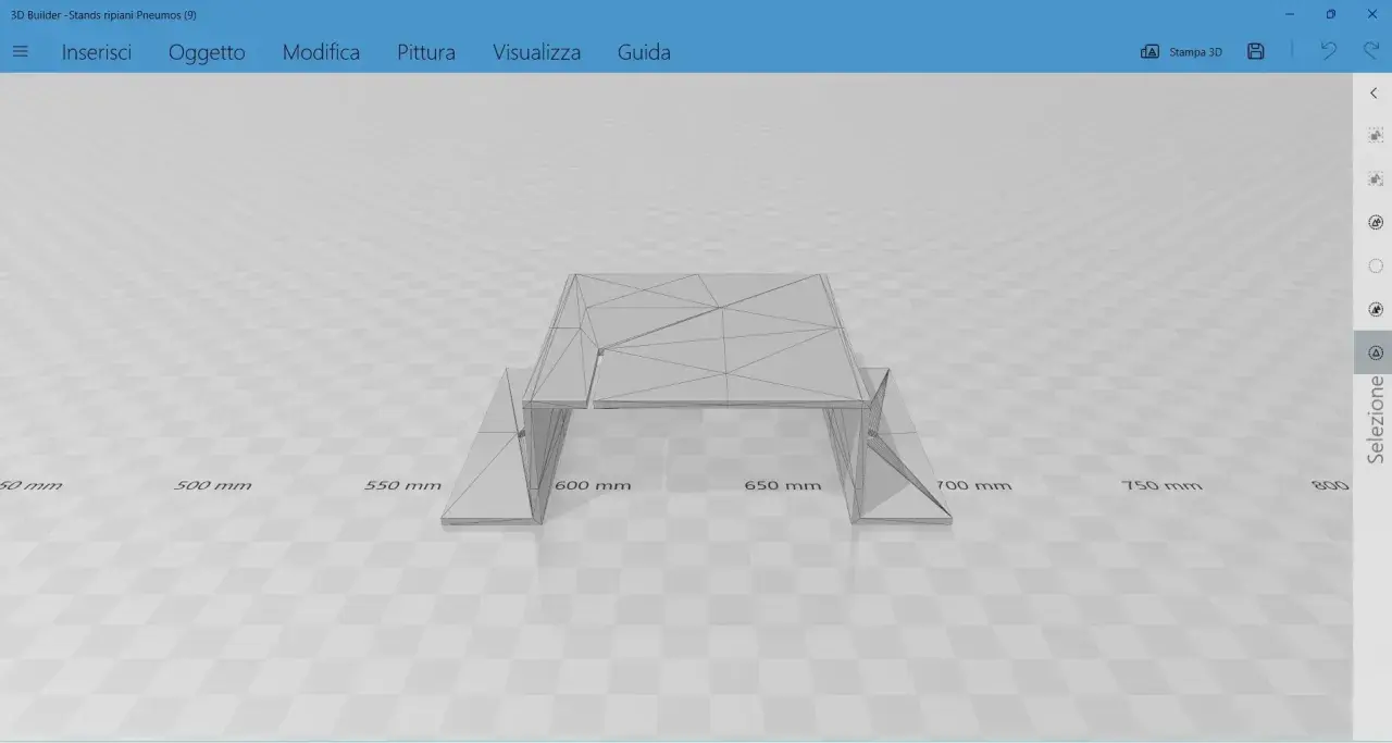 Un modello 3D di un supporto per ripiani, creato con un 3D builder. Le dimensioni sono indicate in millimetri.