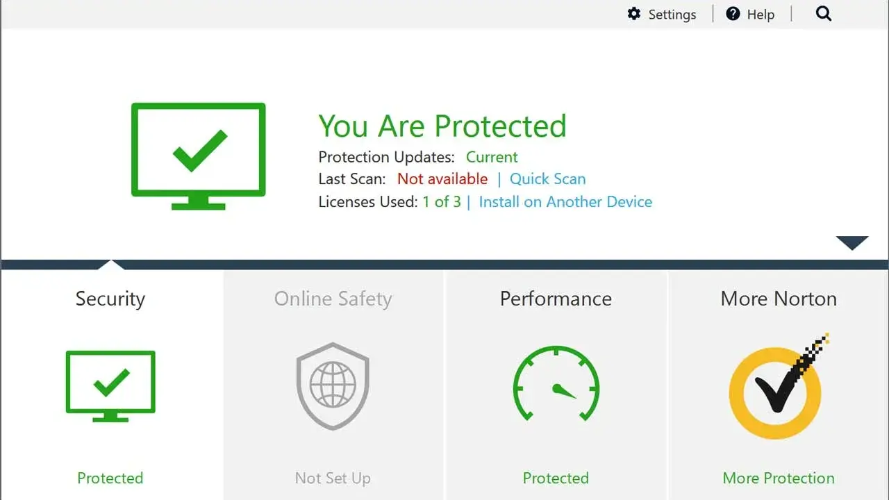 Norton Security: "You Are Protected". Un antivirus che offre la migliore protezione gratuita, con aggiornamenti attuali e 366 giorni rimanenti.