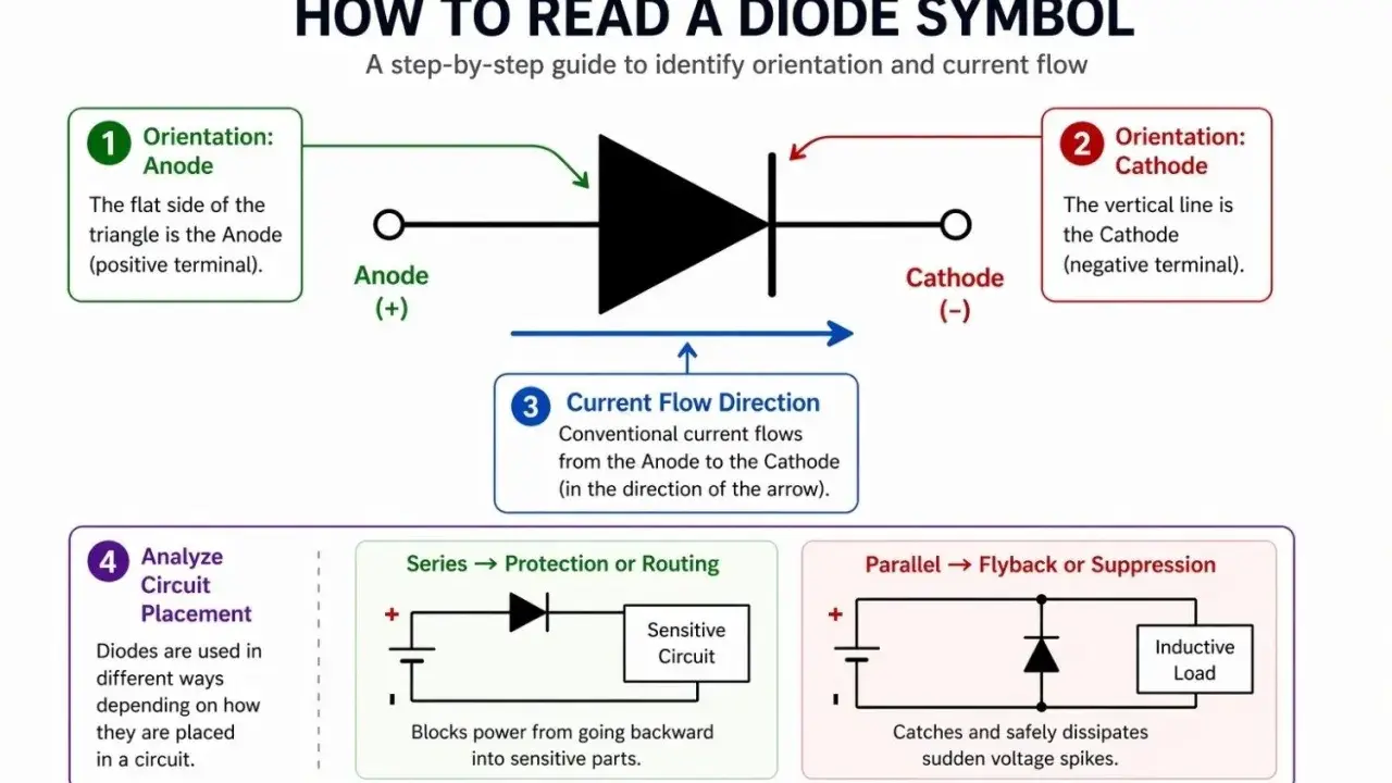 Schema del diodo ideale: identifica anodo, catodo e direzione del flusso di corrente. Illustra usi in serie e parallelo.
