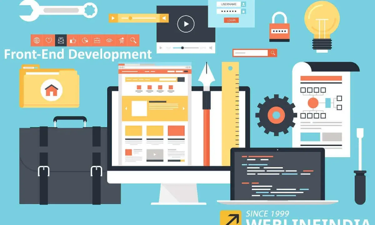 Strumenti e icone per la programmazione front end: computer, laptop con codice, valigetta, lampadina, ingranaggio, righello.