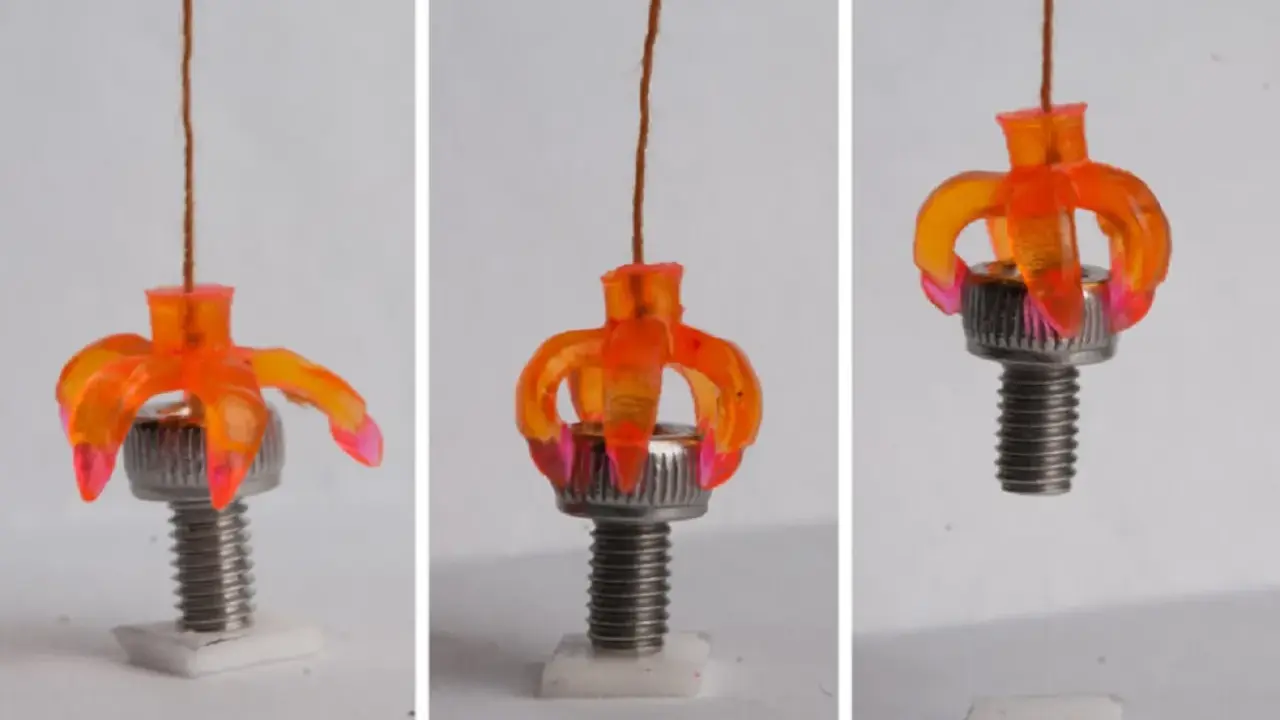 Un oggetto stampato in 4d, simile a un fiore arancione, si apre e si chiude attorno a un bullone, dimostrando la sua flessibilità.