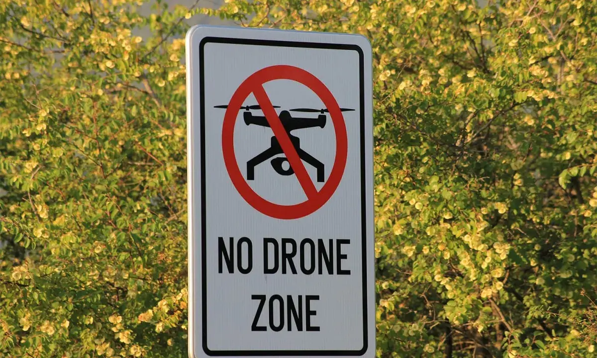 Cartello "No Drone Zone" in Italia, con un drone barrato. La natura circostante è rigogliosa e verde.