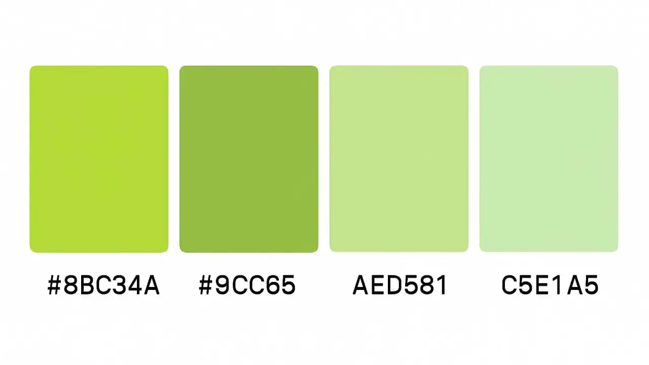 Quattro tonalità di verde, dal lime brillante al pastello, con codici RGB: #8BC34A, #9CC65, AED581, C5E1A5.