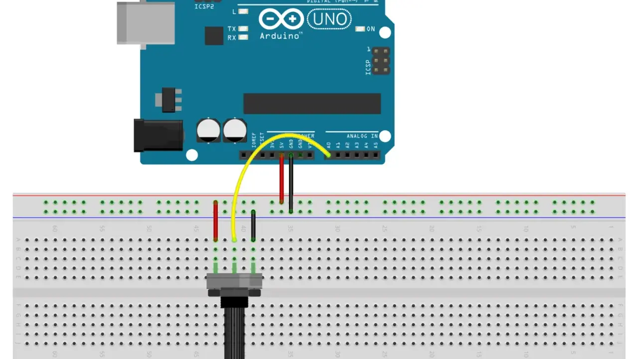 Arduino Uno collegato a un potenziometro su breadboard. Il potenziometro Arduino è pronto per essere letto.