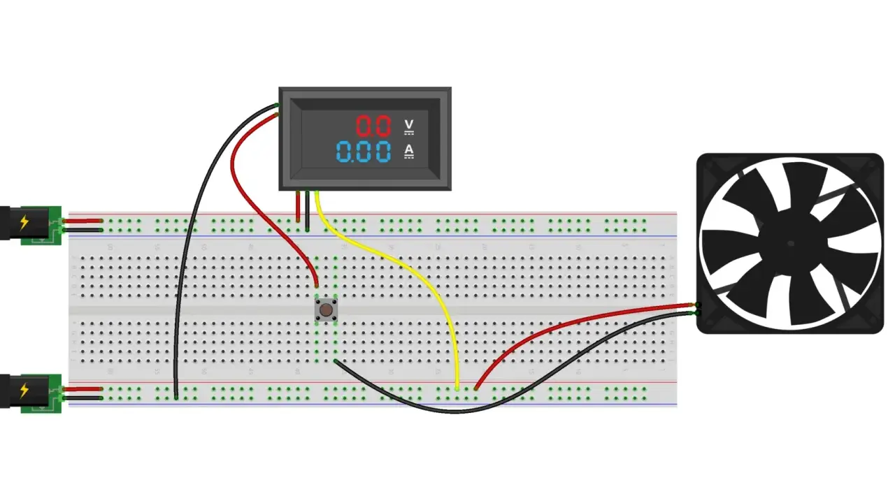 Schema collegamento voltmetro amperometro per ventola. Due alimentatori, un pulsante, un voltmetro/amperometro digitale e una ventola collegati su breadboard.