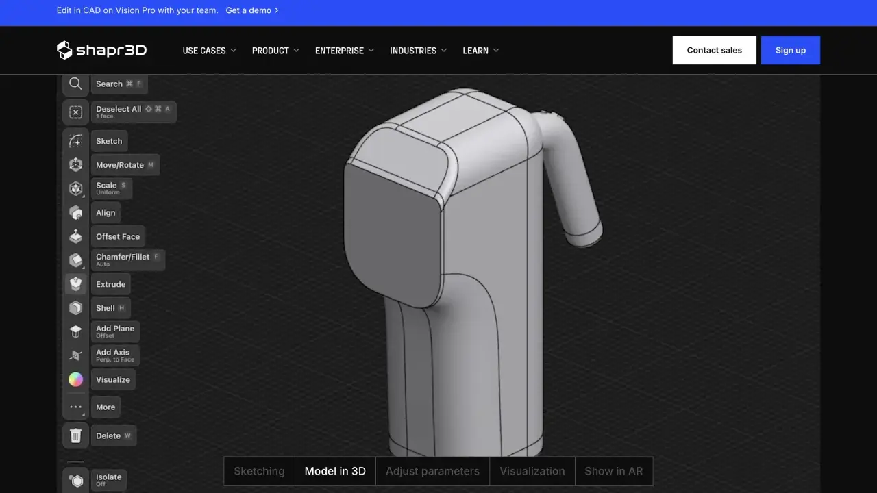 Interfaccia di Shapr3D, un software per modellazione 3D. Esplora i **programmi 3d gratis** per creare modelli come questo.