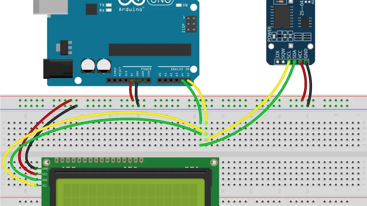 Schema di un **arduino clock** con display LCD e modulo RTC collegati a una breadboard.