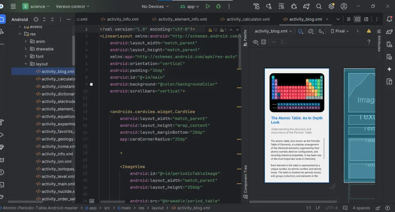 Schermata di Android Studio con codice XML per la programmazione Android. Visualizza la tavola periodica in un'app.