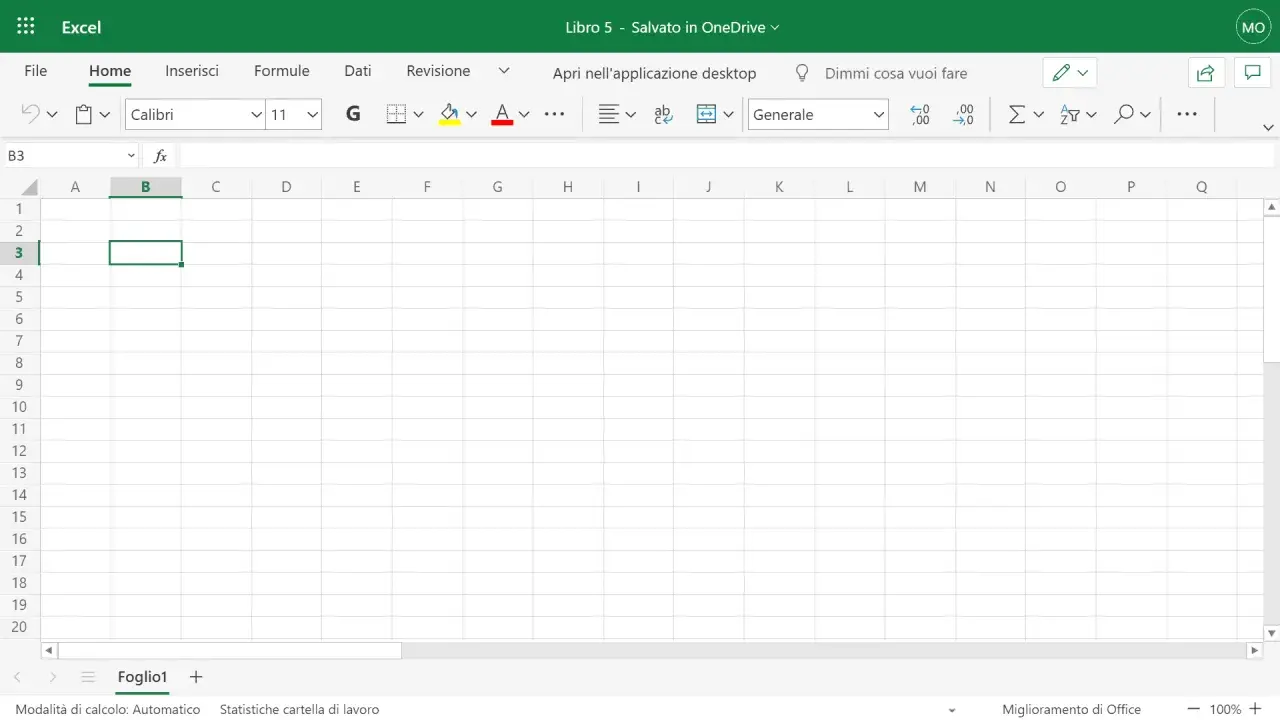 Schermata di Microsoft Excel, con la cella B3 selezionata. Ideale per chi cerca un modo per usare Excel gratis.