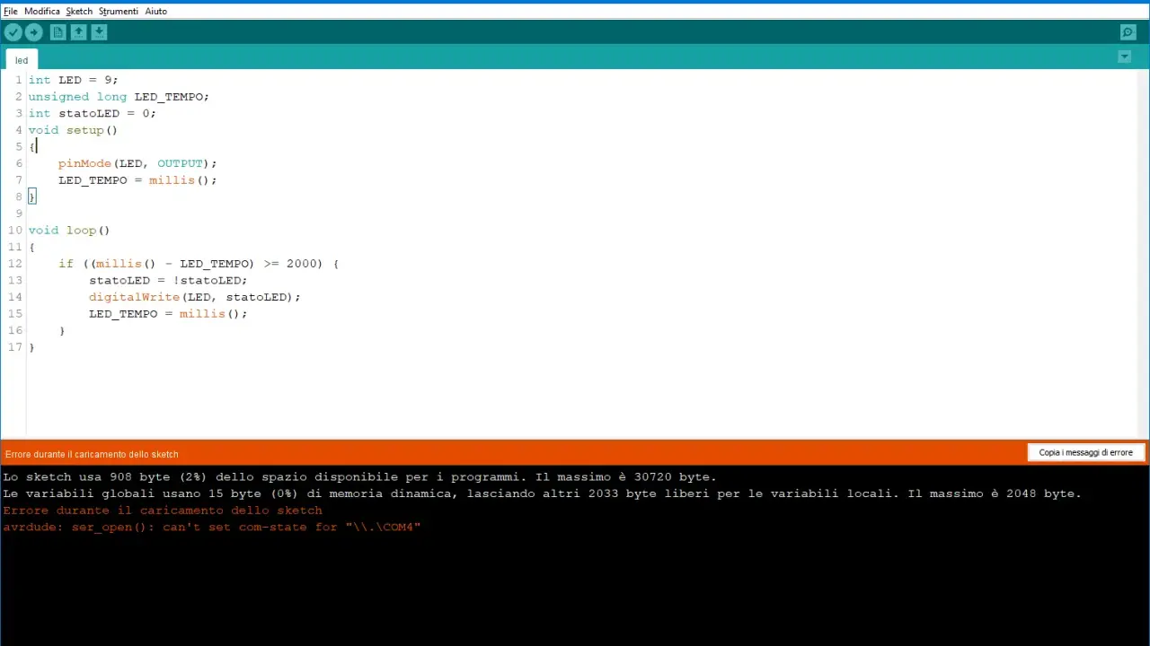 Codice Arduino su Mac per far lampeggiare un LED. Errore di caricamento sketch su COM4.