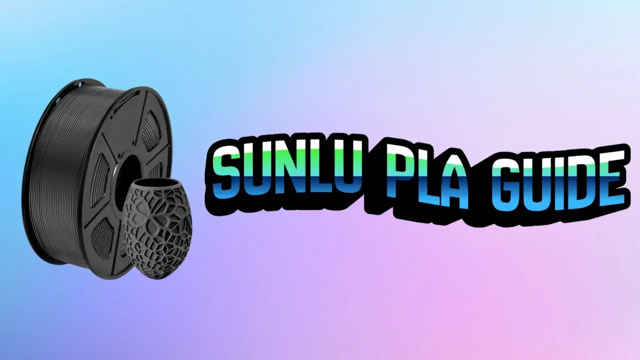 Bobina di filamento nero e un oggetto stampato in 3D, con testo "SUNLU PLA GUIDE". Ottieni i migliori **Sunlu PLA settings** per le tue stampe.