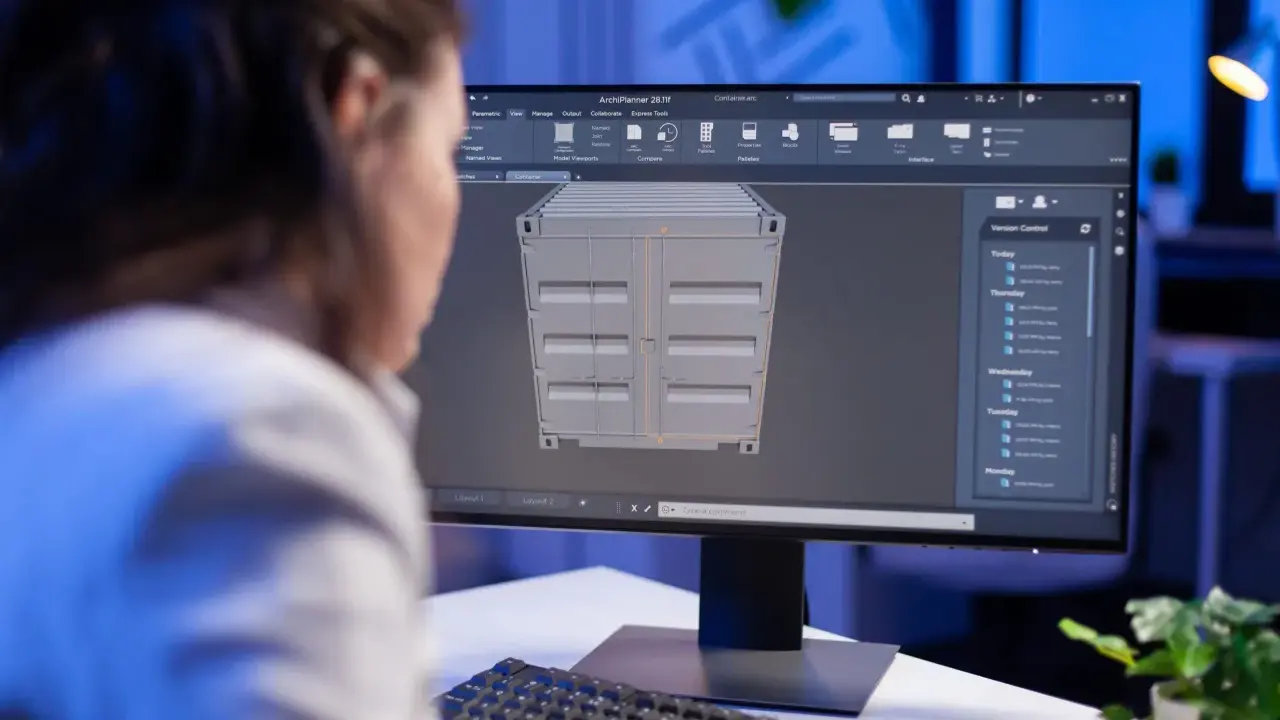 Persona lavora su un modello 3D di un container, esplorando le potenzialità della tecnologia 3D per la progettazione.