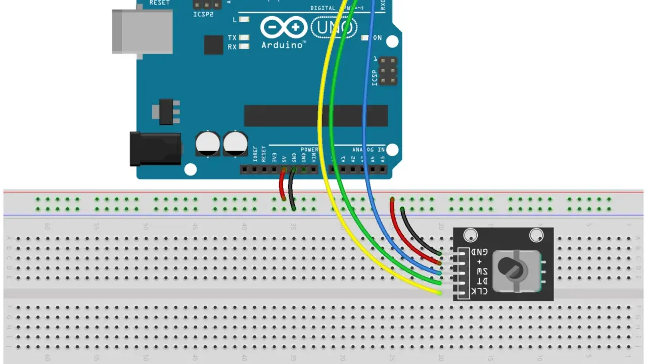 Schema di collegamento di un Arduino UNO a una breadboard con un encoder rotativo. Il **sketch Arduino** è in fase di realizzazione.