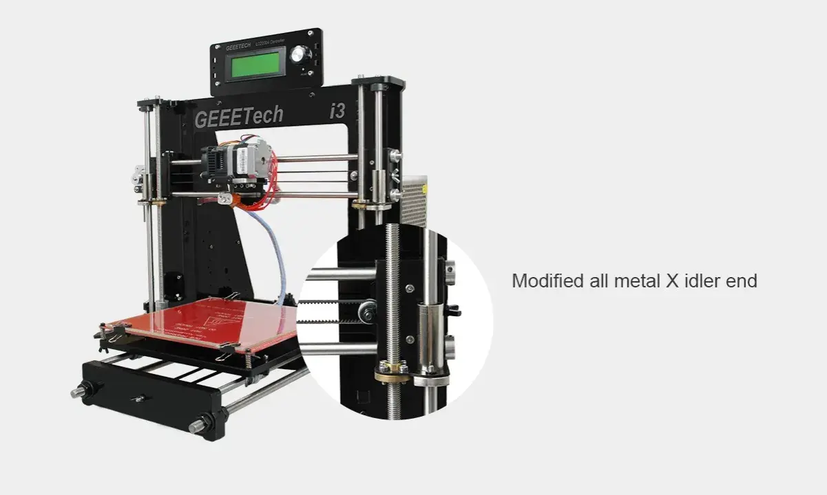 Stampante 3D Geeetech i3 Pro B con dettaglio ingrandito del supporto metallico modificato per l'asse X.