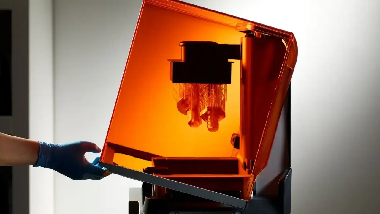 Mano con guanto blu solleva il coperchio arancione di una stampante 3D resina, rivelando oggetti in fase di stampa.