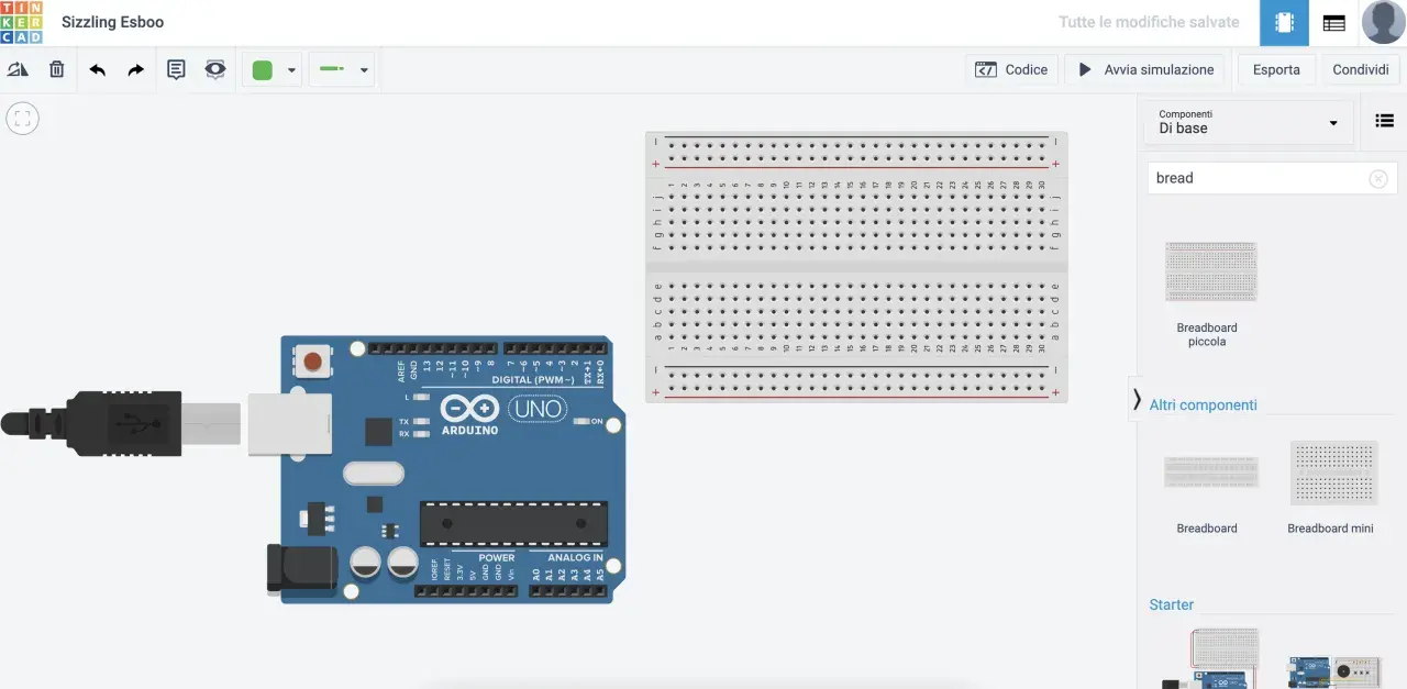 Arduino Uno collegato a una breadboard in Autodesk Circuits.
