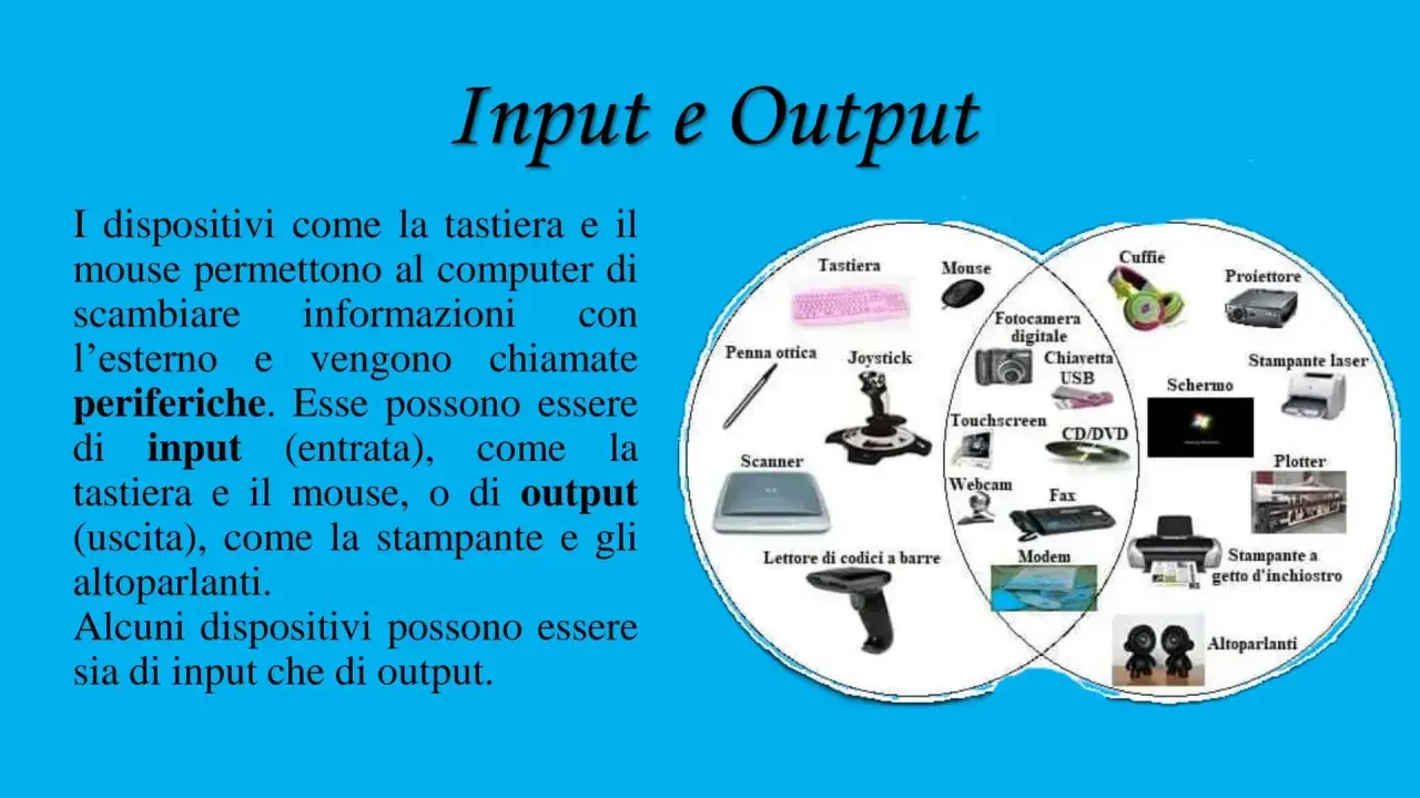 Diagramma che illustra hardware e software, con esempi di periferiche di input (tastiera, mouse) e output (stampante, altoparlanti).